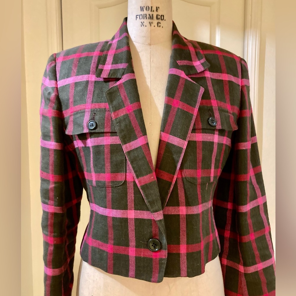 Anne Klein II jacket plaid linen, 80’s. Mint condition.Dry clean, made in  USA.